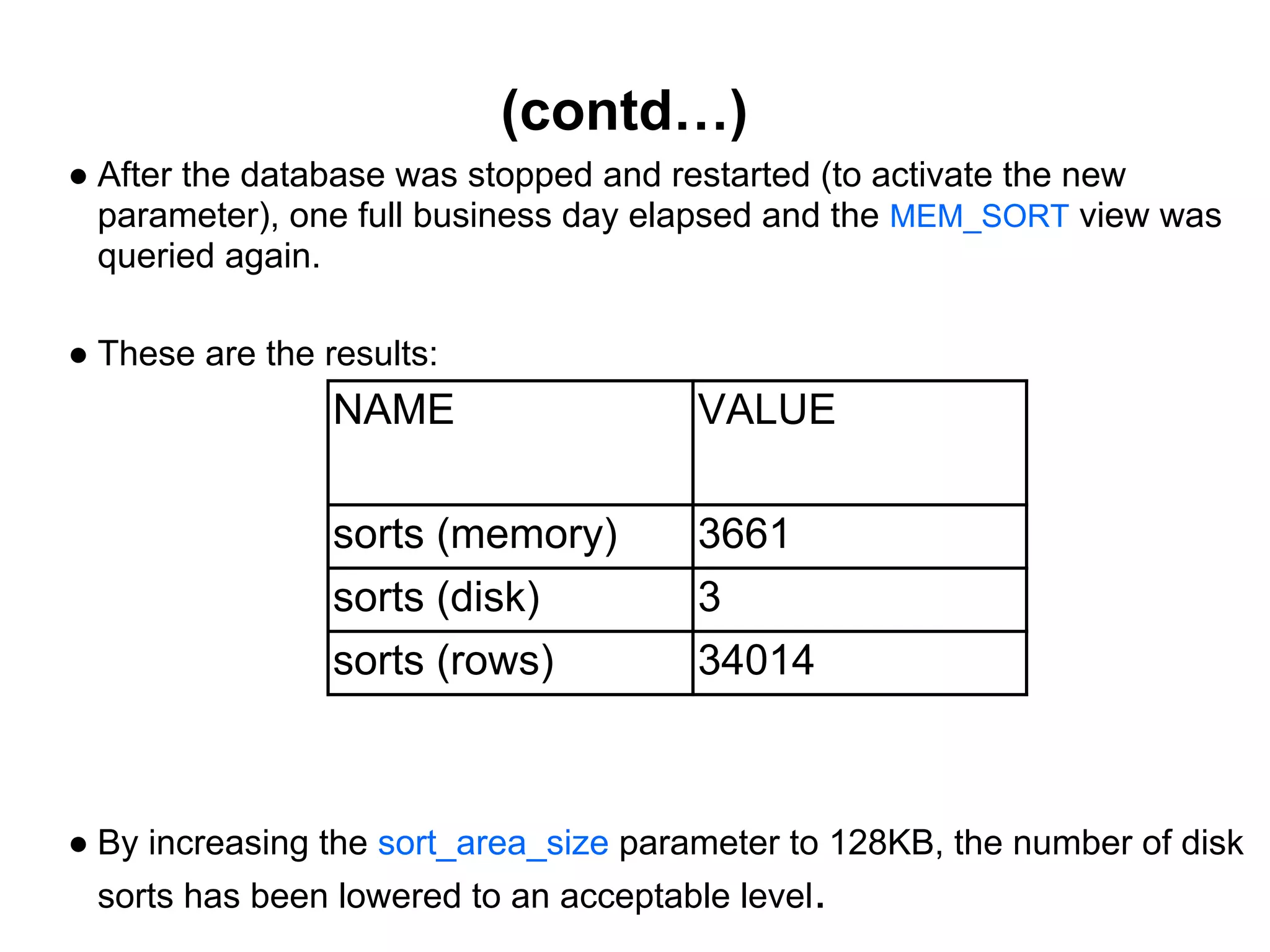 (contd…)
● After the database was stopped and restarted (to activate the new
parameter), one full business day elapsed and the MEM_SORT view was
queried again.
● These are the results:
● By increasing the sort_area_size parameter to 128KB, the number of disk
sorts has been lowered to an acceptable level.
NAME VALUE
sorts (memory) 3661
sorts (disk) 3
sorts (rows) 34014
 