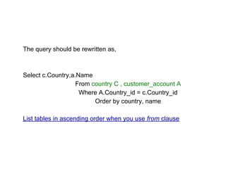 The query should be rewritten as,
Select c.Country,a.Name
From country C , customer_account A
Where A.Country_id = c.Country_id
Order by country, name
List tables in ascending order when you use from clause
 
