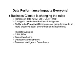 Data Performance Impacts Everyone!
● Business Climate is changing the rules
○ Increase in data (CRM, ERP, OLTP, Web)
○ Change in mindset on Business Intelligence
○ Ability to be Pro-active(Companies are going to have to be
more proactive about environmental management.)
Impacts Everyone
○ CEO, MD’s
○ Sales / Marketing
○ Database Administrators
○ Business Intelligence Consultants
 