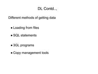 DL Contd..,
Different methods of getting data
● Loading from files
● SQL statements
● 3GL programs
● Copy management tools
 