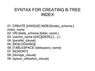 SYNTAX FOR CREATING B-TREE
INDEX
01: CREATE [UNIQUE] INDEX[index_schema.]
index_name
02: ON [table_schema.]table_name (
03: column_name [ASC][DESC] [,...] )
04: [parallel_clause]
05: [NO[LOGGING]]
06: [TABLESPACE tablespace_name]
07: [NOSORT]
08: [storage_clause]
09: [space_utilization_clause]
 