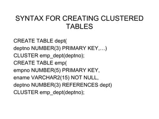 SYNTAX FOR CREATING CLUSTERED
TABLES
CREATE TABLE dept(
deptno NUMBER(3) PRIMARY KEY,…)
CLUSTER emp_dept(deptno);
CREATE TABLE emp(
empno NUMBER(5) PRIMARY KEY,
ename VARCHAR2(15) NOT NULL,
deptno NUMBER(3) REFERENCES dept)
CLUSTER emp_dept(deptno);
 