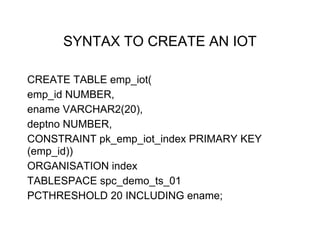 SYNTAX TO CREATE AN IOT
CREATE TABLE emp_iot(
emp_id NUMBER,
ename VARCHAR2(20),
deptno NUMBER,
CONSTRAINT pk_emp_iot_index PRIMARY KEY
(emp_id))
ORGANISATION index
TABLESPACE spc_demo_ts_01
PCTHRESHOLD 20 INCLUDING ename;
 