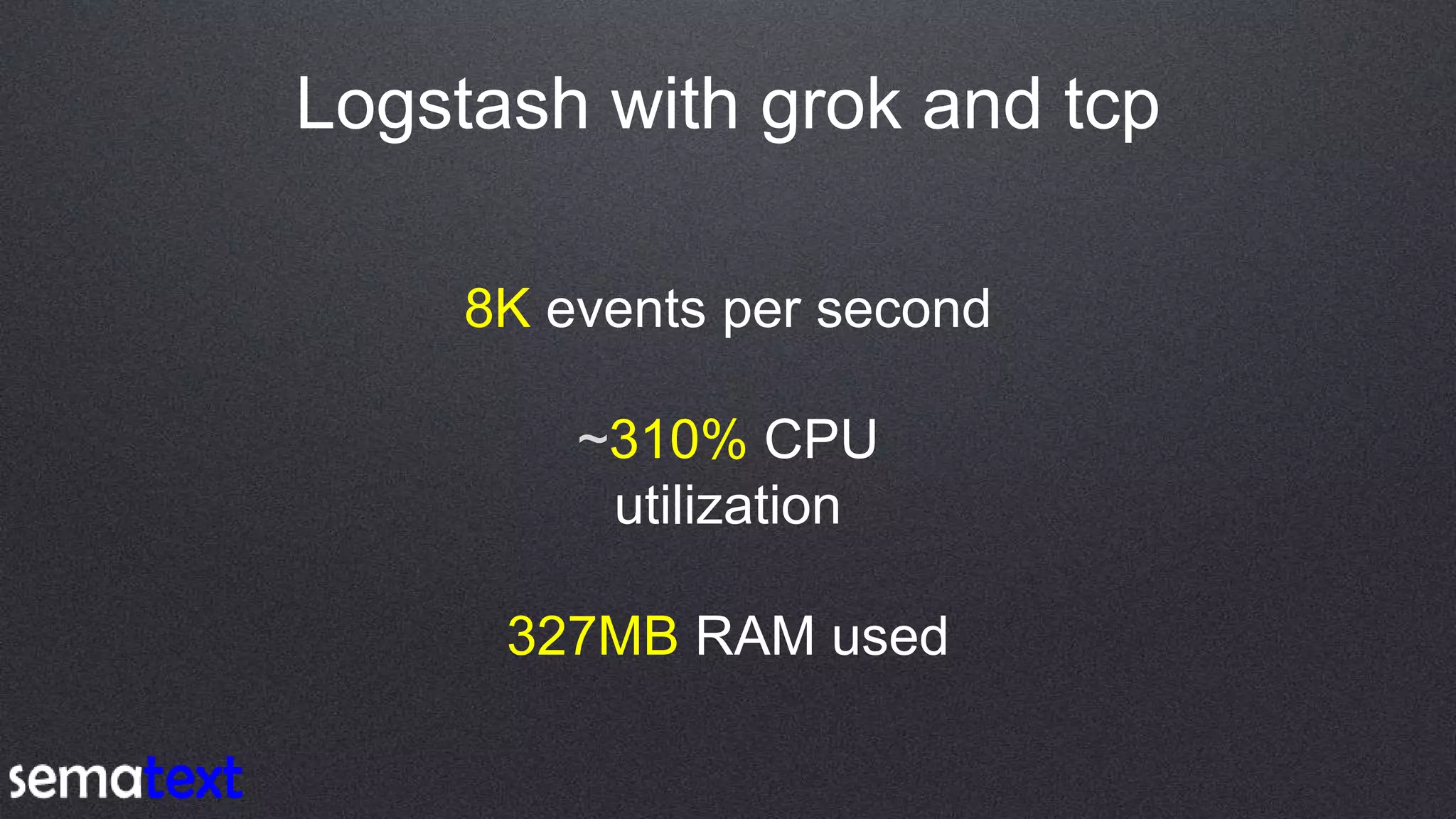Logstash with grok and tcp
8K events per second
~310% CPU
utilization
327MB RAM used
 