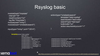 Rsyslog basic
module(load="impstats"
interval="10"
resetCounters="on"
log.file="/tmp/stats")
module(load="imtcp")
module(l...