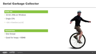 14CONFIDENTIAL
• 32-bit JVMs on Windows
• Single CPU
• -XX:+UseSerialGC
Serial Garbage Collector
RUNS ON:
PROPERTIES:
• One thread
• Good for heaps <100MB
 