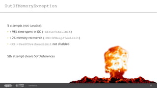25CONFIDENTIAL
5 attempts (not tunable):
• > 98% time spent in GC (-XX:GCTimeLimit)
• < 2% memory recovered (-XX:GCHeapFreeLimit)
• -XX:+UseGCOverheadLimit not disabled
5th attempt cleans SoftReferences
OutOfMemoryException
 