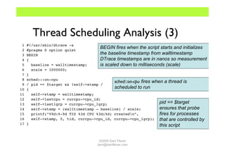 Thread Scheduling Analysis (3)
 1   #!/usr/sbin/dtrace -s
 2   #pragma D option quiet
                                    ...