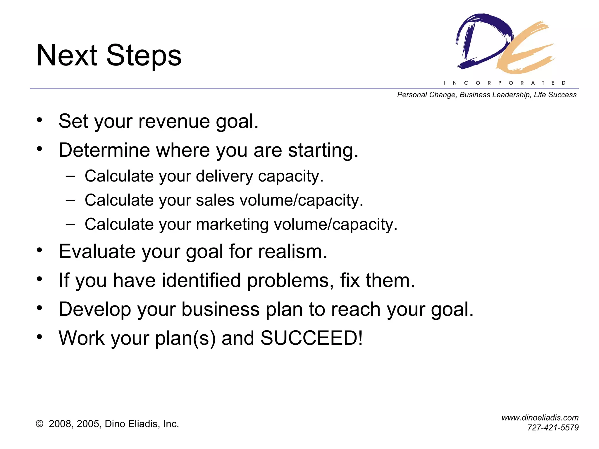 Next Steps Set your revenue goal. Determine where you are starting. Calculate your delivery capacity. Calculate your sales volume/capacity. Calculate your marketing volume/capacity. Evaluate your goal for realism. If you have identified problems, fix them. Develop your business plan to reach your goal. Work your plan(s) and SUCCEED! 