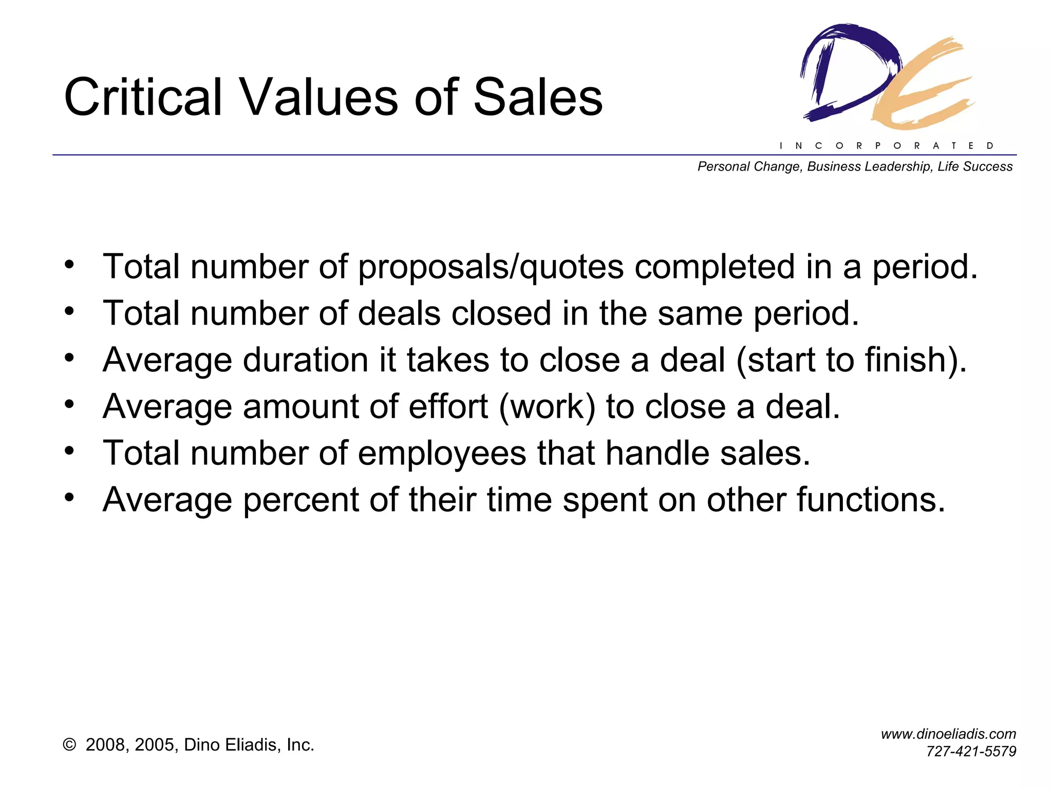 Critical Values of Sales Total number of proposals/quotes completed in a period. Total number of deals closed in the same period. Average duration it takes to close a deal (start to finish). Average amount of effort (work) to close a deal. Total number of employees that handle sales. Average percent of their time spent on other functions. 