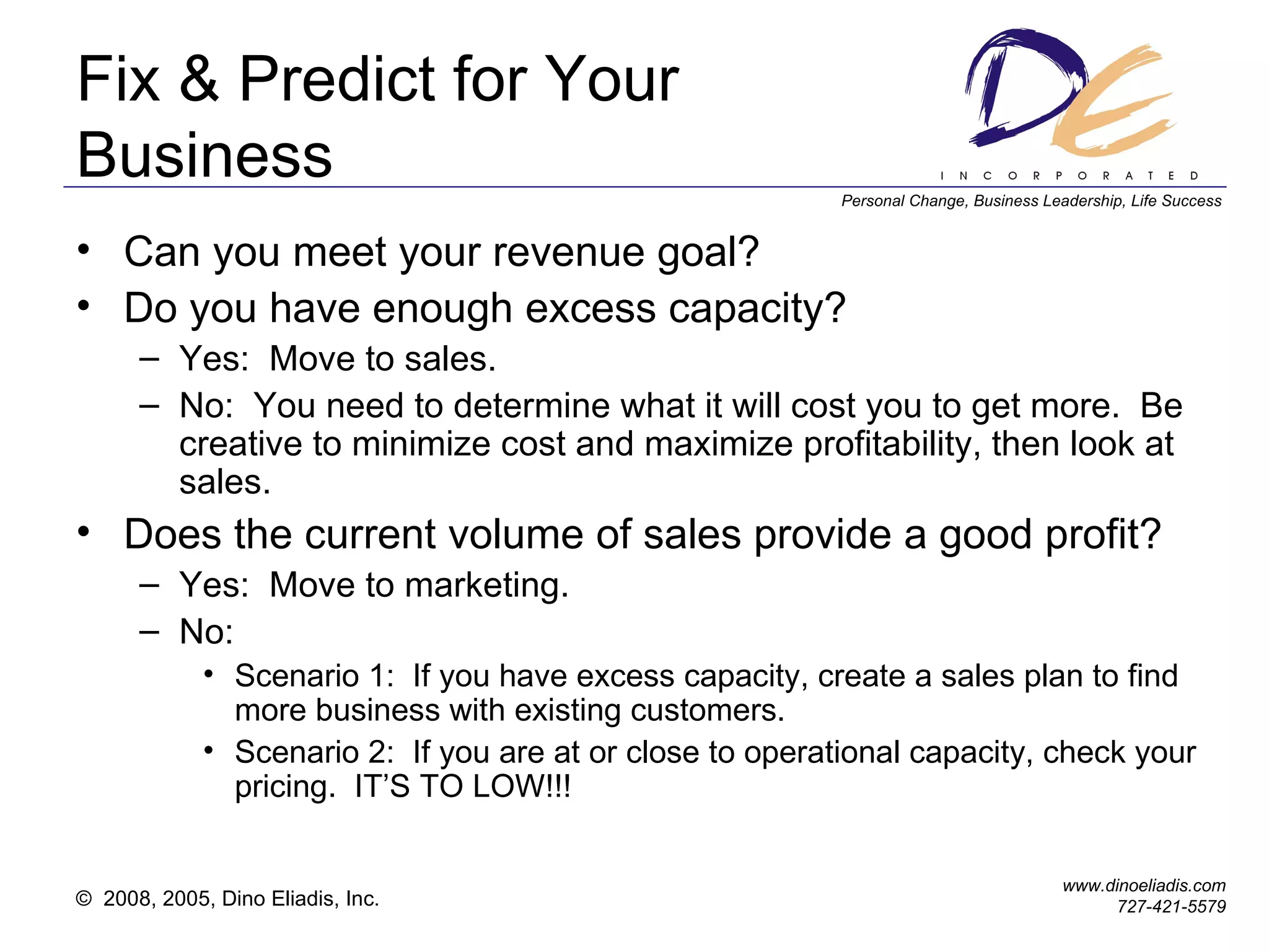 Fix & Predict for Your Business Can you meet your revenue goal? Do you have enough excess capacity? Yes:  Move to sales. No:  You need to determine what it will cost you to get more.  Be creative to minimize cost and maximize profitability, then look at sales. Does the current volume of sales provide a good profit? Yes:  Move to marketing.  No:  Scenario 1:  If you have excess capacity, create a sales plan to find more business with existing customers.  Scenario 2:  If you are at or close to operational capacity, check your pricing.  IT’S TO LOW!!! 