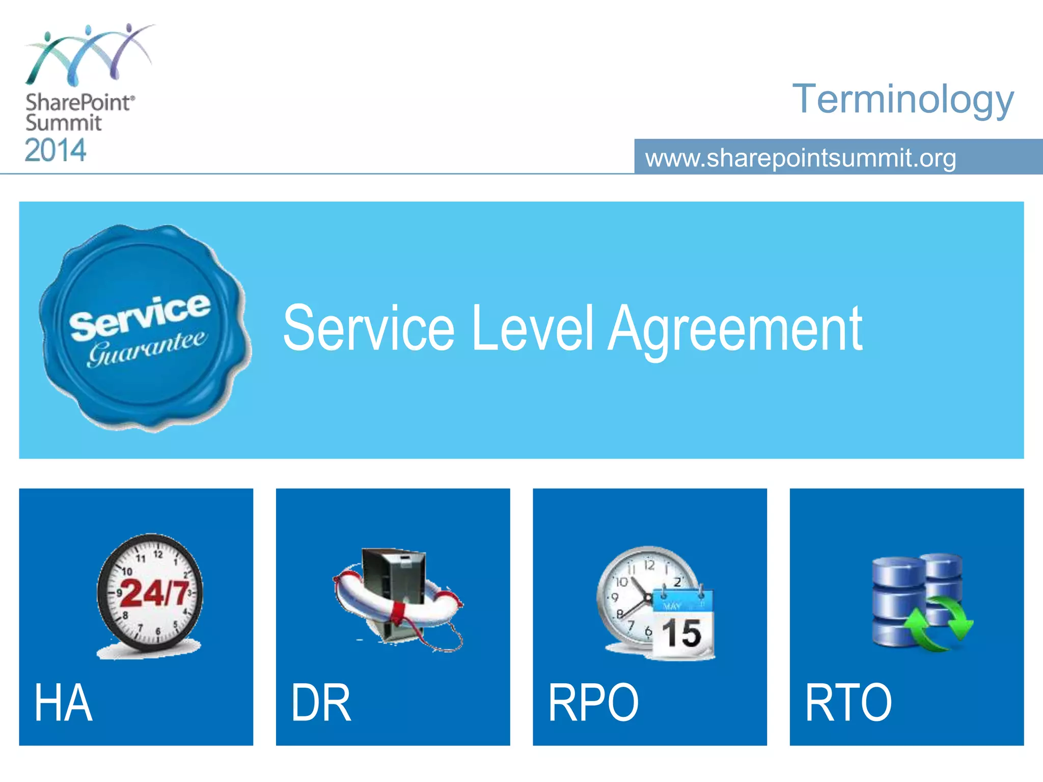 www.sharepointsummit.org Terminology Service Level Agreement HA DR RPO RTO 