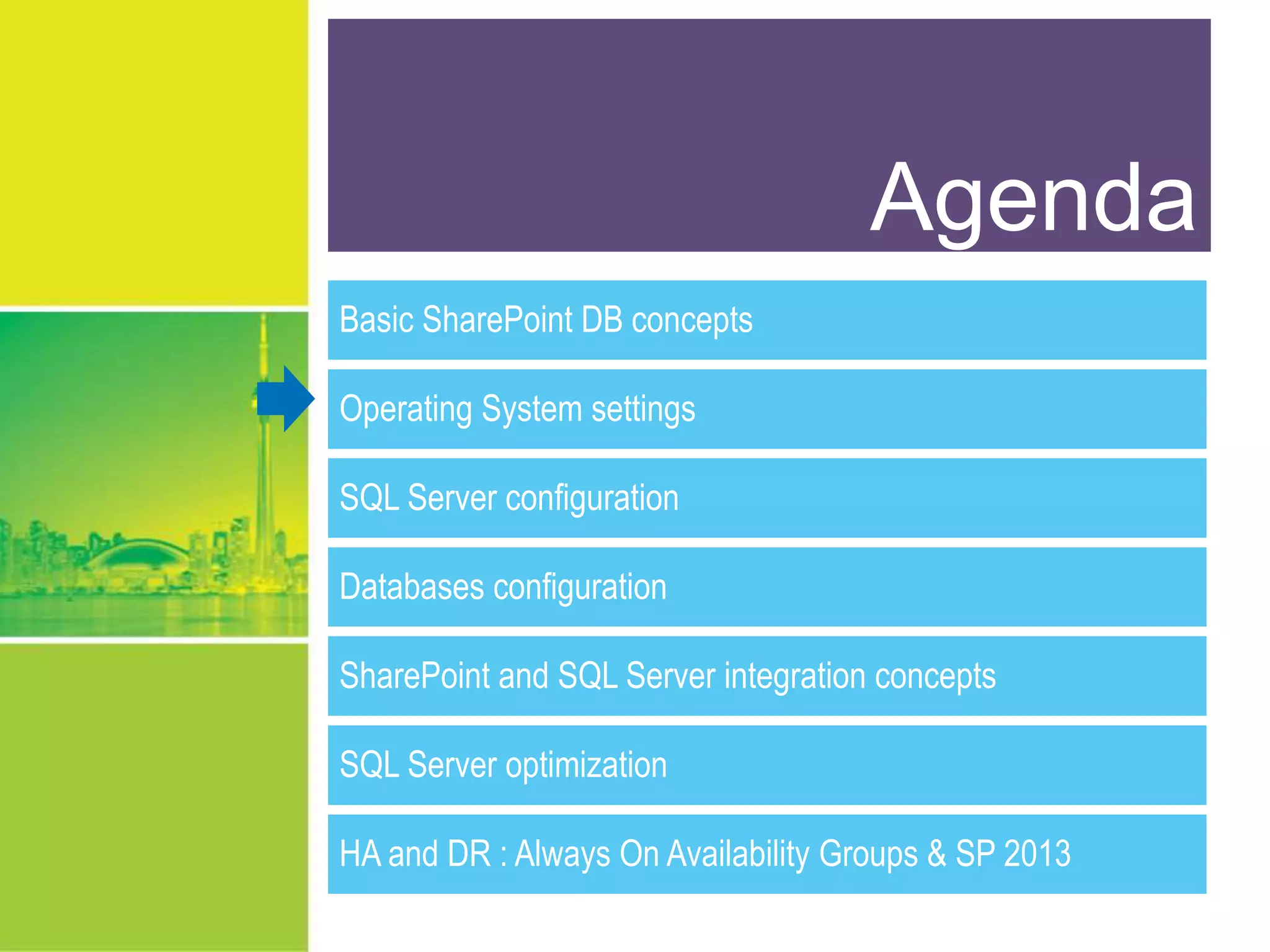www.sharepointsummit.org Agenda Basic SharePoint DB concepts Operating System settings SQL Server configuration Databases configuration SharePoint and SQL Server integration concepts SQL Server optimization HA and DR : Always On Availability Groups & SP 2013 