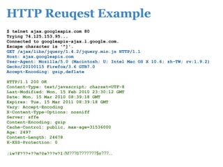 HTTP Reuqest Example
$ telnet ajax.googleapis.com 80
Trying 74.125.153.95...
Connected to googleapis-ajax.l.google.com.
Escape character is '^]'.
GET /ajax/libs/jquery/1.4.2/jquery.min.js HTTP/1.1
Host: ajax.googleapis.com
User-Agent: Mozilla/5.0 (Macintosh; U; Intel Mac OS X 10.6; zh-TW; rv:1.9.2)
Gecko/20100115 Firefox/3.6 GTB7.0
Accept-Encoding: gzip,deflate

HTTP/1.1 200 OK
Content-Type: text/javascript; charset=UTF-8
Last-Modified: Mon, 15 Feb 2010 23:30:12 GMT
Date: Mon, 15 Mar 2010 08:39:18 GMT
Expires: Tue, 15 Mar 2011 08:39:18 GMT
Vary: Accept-Encoding
X-Content-Type-Options: nosniff
Server: sffe
Content-Encoding: gzip
Cache-Control: public, max-age=31536000
Age: 2497
Content-Length: 24678
X-XSS-Protection: 0

;iw?F???+??m?@ə???v?I։/M???6???????$e???...
 