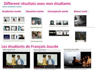 Different résultats avec mes étudiants
Academics works Dynamics works Conceptuals works Bonus track :
Some students works
http://spiral.univ-lyon1.fr/27-magneto/videoplayer.asp?file=http://spiral.univ-lyon1.fr/files_
Les étudiants de François Jourde
http://www.youtube.com/watch?v=2J8AqFl9RgM http://www.youtube.com/watch?v=kyMJnxyvWKIhttp://www.youtube.com/watch?v=dcdDErlBcTs
 