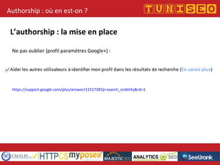 Authorship : où en est-on ?
L’authorship : la mise en place
Ne pas oublier (profil paramètres Google+) :
https://support.google.com/plus/answer/1151728?p=search_visibility&rd=1
 