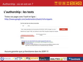 Authorship : où en est-on ?
L’authorship : les tests
Testez vos pages avec l’outil en ligne :
http://www.google.com/webmasters/tools/richsnippets
Aucune garantie que ça fonctionne dans les SERP !!!
 