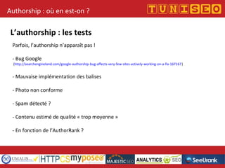 Authorship : où en est-on ?
L’authorship : les tests
Parfois, l’authorship n’apparaît pas !
- Bug Google
(http://searchengineland.com/google-authorship-bug-affects-very-few-sites-actively-working-on-a-fix-167167)
- Mauvaise implémentation des balises
- Photo non conforme
- Spam détecté ?
- Contenu estimé de qualité « trop moyenne »
- En fonction de l’AuthorRank ?
 