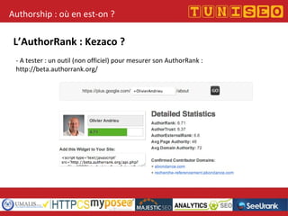Authorship : où en est-on ?
L’AuthorRank : Kezaco ?
- A tester : un outil (non officiel) pour mesurer son AuthorRank :
http://beta.authorrank.org/
 