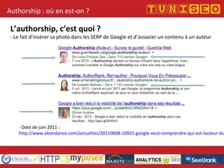 Titre conférence
Nom conférencier
Société
Authorship : où en est-on ?
L’authorship, c’est quoi ?
- Le fait d’insérer sa photo dans les SERP de Google et d’associer un contenu à un auteur
- Date de juin 2011 :
http://www.abondance.com/actualites/20110608-10921-google-veut-comprendre-qui-est-lauteur-du
 