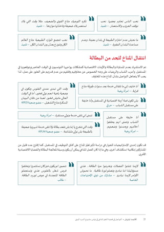 31‫البيئي‬ ‫السرد‬ ‫مشروع‬ :‫تونس‬ ‫في‬ ‫املناخي‬‫التغير‬ ‫قضية‬ ‫في‬ ‫التواصل‬ • ‫أوتريش‬ ‫كاليمت‬
‫البطالة‬ ‫من‬ ‫للحد‬ ‫املناخ‬ ‫انتقال‬
‫في‬ ‫ويتوقعونها‬‫الحاضر‬ ‫الوقت‬ ‫في‬ ‫ن‬‫التونسيو‬ ‫يواجهها‬ ‫كمشكالت‬ ‫االقتصادية‬ ‫واألزمات‬ ‫والبطالة‬ ‫املساواة‬ ‫بعدم‬ ‫االستشهاد‬ ‫تم‬
‫لذا‬ ،‫عمل‬ ‫على‬ ‫العثور‬ ‫على‬ ‫قدرتهم‬ ‫عدم‬ ‫من‬ ‫وقلقهم‬ ‫مخاوفهم‬ ‫عن‬ ‫الخصوص‬ ‫وجه‬ ‫على‬ ‫والريفيات‬ ‫الشباب‬ ‫وأعرب‬ .‫املستقبل‬
.‫املخاوف‬ ‫هذه‬ ‫املناخ‬ ‫بشأن‬ ‫التواصل‬ ‫يتجاهل‬‫أال‬ ‫يجب‬
‫من‬ ‫قليل‬ ‫عدد‬ ‫إقترح‬ ‫كما‬ .‫املستقبل‬ ‫في‬ ‫التوظيف‬ ‫آفاق‬ ‫على‬ ‫املناخ‬‫ر‬ّ‫تغي‬‫تأثير‬ ‫اسة‬‫ر‬‫د‬ ‫هي‬‫للحوار‬ ‫اتيجيات‬‫ر‬‫اإلست‬ ‫إحدى‬ ‫ن‬‫تكو‬ ‫قد‬
‫االقتصادية‬‫والقضايا‬‫البطالة‬‫ملعالجة‬‫وسيلة‬‫ن‬‫يكو‬‫أن‬‫يمكن‬‫املناخي‬‫العمل‬‫كان‬‫إذا‬‫ما‬‫وهي‬،‫ى‬‫أخر‬‫استكشاف‬‫إمكانية‬‫املشاركين‬
.‫ى‬‫األخر‬
‫بالد‬ ‫اللي‬ ‫وقت‬ ‫مثال‬ .‫والضعيف‬ ‫ي‬‫القو‬ ‫متاع‬ ‫اللوجيك‬ ‫نكره‬
‫تلميذ‬ – .'‫مواردها‬‫وتاخذلها‬‫ضعيفة‬‫بالد‬‫تستعمر‬
‫نحب‬ .‫بعضها‬ ‫تحترم‬ ‫الناس‬ ‫نحب‬
‫تلميذ‬–.‫واالستعمار‬‫الحروب‬‫نوقف‬
‫وعدم‬ .‫معينة‬ ‫بلدان‬ ‫في‬ ‫الطبيعة‬ ‫ام‬‫ر‬‫احت‬ ‫عدم‬ ‫نحبش‬ ‫ما‬
‫تلميذ‬ – .‫الفقيرة‬‫البلدان‬‫مساعدة‬
‫العالم‬ ‫متاع‬ ‫الطبيعية‬ ‫املوارد‬ ‫تتجمع‬ ‫نحب‬
‫تلميذ‬–.‫الكل‬‫البلدان‬‫بين‬‫بعدل‬‫وتتوزع‬‫الكل‬
‫متاع‬‫طويلة‬‫سنوات‬‫بعد‬‫خدمة‬‫نلقاش‬‫ما‬‫إني‬‫خايف‬‫أنا‬
‫ريفية‬ ‫أة‬‫ر‬‫ام‬ – .‫اية‬‫ر‬‫ق‬
‫مستقبل‬ ‫على‬ ‫خايفة‬ ‫أنا‬
‫يحققوا‬ ‫انهم‬ ‫ونتمنى‬ ‫الشباب‬
.‫وضعيتهم‬ ‫ويحسنوا‬ ‫أحالمهم‬
‫ريفية‬ ‫أة‬‫ر‬‫ام‬ –
‫خايفة‬ ‫وأنا‬ ‫املستقبل‬ ‫في‬ ‫اقتصادية‬ ‫أزمة‬ ‫فمة‬ ‫ن‬‫تكو‬ ‫بش‬
‫حرفي‬ – .‫الشباب‬‫مستقبل‬‫على‬
‫ريفية‬ ‫أة‬‫ر‬‫ام‬ – .‫مستقرة‬‫ونولي‬‫خدمة‬‫نلقى‬‫اني‬‫نتمنى‬
‫في‬ ‫ن‬‫ونكو‬ ‫الفلوس‬ ‫عندي‬ ‫تبدى‬ ‫اللي‬ ‫وقت‬
‫الوقت‬ ‫في‬ ‫أما‬ ،‫فخور‬ ‫نولي‬ ‫انجم‬ ‫باهية‬ ‫وضعية‬
‫البيبان‬ ‫دقان‬ ‫من‬ ‫تعبنا‬ .‫فخور‬ ‫مانيش‬ ‫الحالي‬
APED‫جمعية‬‫عضو‬–.‫التشغيل‬‫متاع‬‫املسكرة‬
‫ضعيفة‬‫شهريتها‬‫خدمة‬‫نلقى‬‫وال‬‫بطالة‬‫نقعد‬‫بش‬‫إما‬‫يا‬‫نتخرج‬‫اللي‬‫وقت‬
APLM ‫جمعية‬‫عضو‬ – .‫متشائمة‬‫نولي‬‫بش‬‫بالطبيعة‬
‫هذي‬ ...‫الطاقة‬ ‫منها‬ ‫ونخرجوا‬ ‫الفضالت‬ ‫نوا‬ّ‫نثم‬ ‫الزمنا‬
‫نحبوش‬ ‫ما‬ .‫طاقية‬ ‫ثورة‬‫ونعملو‬ ‫نبادرو‬ ‫اننا‬ ‫مسؤوليتنا‬
‫اإلحتياجات‬ ‫ي‬‫ذو‬ ‫من‬ ‫مشارك‬ – .‫نبادرو‬ ‫الزمنا‬ ‫األوامر‬
‫الخاصة‬
‫ونخلقوا‬ ‫نستثمروا‬ ‫كان‬‫خير‬‫ن‬‫يكو‬‫انو‬ ‫نتصور‬
‫ونستعملو‬ ‫هذي‬ ‫بالفلوس‬ ‫شغل‬ ‫فرص‬
.‫الطاقة‬ ‫توريد‬ ‫عوض‬ ‫في‬ ‫املتجددة‬ ‫الطاقة‬
‫طالب‬ –
 