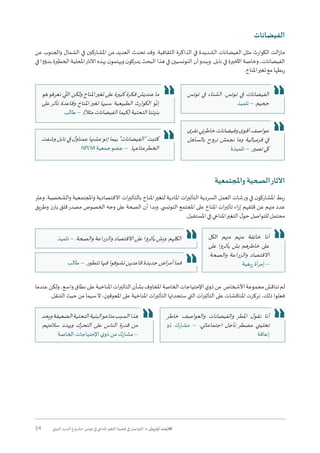 34 ‫البيئي‬ ‫السرد‬ ‫مشروع‬ :‫تونس‬ ‫في‬ ‫املناخي‬‫التغير‬ ‫قضية‬ ‫في‬ ‫التواصل‬ • ‫أوتريش‬ ‫كاليمت‬
‫الفيضانات‬
‫عن‬ ‫والجنوب‬ ‫الشمال‬ ‫في‬ ‫املشاركين‬ ‫من‬ ‫العديد‬ ‫تحدث‬ ‫وقد‬ .‫الثقافية‬ ‫الذاكرة‬ ‫في‬ ‫الشديدة‬ ‫الفيضانات‬ ‫مثل‬ ‫الكوارث‬ ‫الت‬‫ز‬‫ما‬
‫في‬ ‫بدؤوا‬ ‫الخطيرة‬ ‫املحلية‬‫اآلثار‬ ‫بهذه‬ ‫ن‬‫ويهتمو‬ ‫ن‬‫يدركو‬ ‫البحث‬ ‫هذا‬ ‫في‬ ‫التونسيين‬ ‫أن‬‫ويبدو‬ .‫نابل‬ ‫في‬ ‫األخيرة‬ ‫وخاصة‬ ،‫الفيضانات‬
.‫املناخ‬‫تغير‬ ‫مع‬ ‫ربطها‬
‫واملجتمعية‬ ‫الصحية‬‫اآلثار‬
‫ر‬ّ‫وعب‬ .‫والشخصية‬ ‫واملجتمعية‬ ‫االقتصادية‬ ‫ات‬‫ر‬‫بالتأثي‬ ‫املناخ‬‫لتغير‬ ‫املادية‬ ‫ات‬‫ر‬‫التأثي‬ ‫السردية‬ ‫العمل‬ ‫ورشات‬ ‫في‬ ‫ن‬‫املشاركو‬ ‫ربط‬
‫وطريق‬ ‫ز‬‫بار‬ ‫قلق‬‫مصدر‬ ‫الخصوص‬ ‫وجه‬ ‫على‬ ‫الصحة‬ ‫أن‬ ‫وبدا‬ .‫التون�سي‬ ‫املجتمع‬ ‫على‬ ‫املناخ‬ ‫ات‬‫ر‬‫تأثي‬ ‫اء‬‫ز‬‫إ‬ ‫قلقهم‬ ‫عن‬ ‫منهم‬ ‫عدد‬
.‫املستقبل‬ ‫في‬ ‫املناخي‬‫التغير‬ ‫ل‬‫حو‬ ‫للتواصل‬ ‫محتمل‬
‫عندما‬‫ولكن‬،‫واسع‬‫نطاق‬‫على‬‫املناخية‬‫ات‬‫ر‬‫التأثي‬‫بشأن‬‫املخاوف‬‫الخاصة‬‫اإلحتياجات‬‫ي‬‫ذو‬‫من‬ ‫األشخاص‬‫مجموعة‬‫تناقش‬‫لم‬
.‫التنقل‬ ‫حيث‬ ‫من‬ ‫سيما‬‫ال‬ ،‫املعوقين‬ ‫على‬ ‫املناخية‬ ‫ات‬‫ر‬‫التأثي‬ ‫ستحدثها‬ ‫التي‬ ‫ات‬‫ر‬‫التأثي‬ ‫على‬ ‫املناقشات‬ ‫تركزت‬ ،‫ذلك‬ ‫فعلوا‬
‫هو‬‫نعرفو‬ ‫ي‬
ّ
‫الل‬ ‫ولكن‬ ‫املناخ‬‫تغير‬ ‫على‬ ‫كبيرة‬ ‫فكرة‬ ‫عنديش‬ ‫ما‬
‫على‬‫تأثر‬ ‫وقاعدة‬ ‫املناخ‬‫تغير‬ ‫سببها‬ ‫الطبيعية‬ ‫الكوارث‬ ‫و‬
ّ
‫إن‬
‫طالب‬ – .)‫مثال‬‫الفيضانات‬‫(كيما‬‫التحتية‬‫بنيتنا‬
‫تونس‬ ‫في‬ ‫الشتاء‬ .‫تونس‬ ‫في‬ ‫الفيضانات‬
‫تلميذ‬ – .‫جحيم‬
‫ى‬‫نقر‬‫خاطرني‬‫وفيضانات‬‫ى‬‫أقو‬‫عواصف‬
‫بالساهل‬ ‫نروح‬ ‫نجمش‬ ‫وما‬ ‫قرمبالية‬ ‫في‬
‫تلميذة‬ – .‫تصير‬‫كي‬
‫وشفت‬ ‫نابل‬ ‫في‬ ‫ل‬‫عمناو‬ ‫عشنها‬‫إنو‬ ‫بيما‬ "‫"الفيضانات‬ ‫كتبت‬
APLM ‫جمعية‬‫عضو‬ – .‫متاعها‬‫الخطر‬
‫تلميذ‬ – .‫والصحة‬‫والزراعة‬‫االقتصاد‬‫على‬‫يأثروا‬‫وبش‬.‫الكلهم‬
‫طالب‬ – .‫تتطور‬‫فيها‬‫نشوفوا‬‫قاعدين‬‫جديدة‬‫اض‬‫ر‬‫أم‬‫فما‬
‫الكل‬ ‫منهم‬ ‫منهم‬ ‫خائفة‬ ‫أنا‬
‫على‬ ‫يأثروا‬ ‫بش‬ ‫خاطرهم‬ ‫على‬
.‫والصحة‬ ‫والزراعة‬ ‫االقتصاد‬
‫ريفية‬ ‫أة‬‫ر‬‫إم‬ –
‫ويحد‬‫الضعيفة‬‫التحتية‬‫البنية‬‫متاعو‬‫السبب‬‫هذا‬
.‫سالمتهم‬ ‫ويهدد‬ ‫التحرك‬ ‫على‬ ‫الناس‬ ‫قدرة‬ ‫من‬
‫الخاصة‬ ‫اإلحتياجات‬ ‫ي‬‫ذو‬ ‫من‬ ‫مشارك‬ –
‫خاطر‬ ‫والعواصف‬ ‫والفيضانات‬ ‫املطر‬ ‫ل‬‫نقو‬ ‫أنا‬
‫ذو‬ ‫مشارك‬ – .‫اجتماعاتي‬ ‫نأجل‬ ‫مضطر‬ ‫تخليني‬
‫إعاقة‬
 