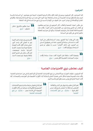 39‫البيئي‬ ‫السرد‬ ‫مشروع‬ :‫تونس‬ ‫في‬ ‫املناخي‬‫التغير‬ ‫قضية‬ ‫في‬ ‫التواصل‬ • ‫أوتريش‬ ‫كاليمت‬
‫ن‬‫الحرفيو‬
‫بالنسبة‬ ‫السياحة‬ ‫أي‬ - ‫معيشتهم‬ ‫على‬ ‫البيئية‬ ‫ات‬‫ر‬‫للتغي‬ ‫السلبية‬‫باآلثار‬ ‫ل‬‫األو‬ ‫املقام‬ ‫في‬ ‫مهتمين‬ ‫ن‬‫الحرفيو‬ ‫كان‬ ،‫ن‬‫الصيادو‬ ‫كما‬
‫في‬ ‫ها‬ّ‫ولكن‬ ،‫اطية‬‫ر‬‫والديمق‬ ‫الحرية‬ ٍ‫جهة‬ ‫من‬ ‫جلبت‬ ‫التي‬ ‫الثورة‬ ‫ل‬‫حو‬ ‫مختلطة‬‫مشاعر‬ ‫عن‬ ‫املجموعة‬ ‫هذه‬ ‫في‬ ‫ن‬‫املشاركو‬‫ر‬ّ‫وعب‬ .‫إليهم‬
.‫املنطقة‬ ‫تلك‬ ‫في‬ ‫للسياحة‬ ٍ‫حاد‬ ٍ‫اجع‬‫ر‬‫ت‬ ‫في‬ ‫تسببت‬ )‫اإلرهاب‬ ‫من‬ ‫الخوف‬ ‫مثل‬ ،‫ى‬‫أخر‬ ‫عوامل‬ ‫إلى‬ ‫(وباإلضافة‬ ‫املقابل‬
‫ن‬‫يتطلعو‬ ‫اتهم‬‫ر‬‫حوا‬ ‫في‬ ‫ن‬‫الحرفيو‬ ‫كان‬ ،‫والطالب‬ ‫الجمعية‬ ‫أعضاء‬ ‫عكس‬ ‫على‬
‫هذه‬ ‫وكانت‬ . ‫الثورة‬ ‫قبل‬ ‫ما‬ ‫في‬ ‫األوضاع‬ ‫عن‬ ‫ن‬‫ويتحدثو‬ ‫املا�ضي‬ ‫إلى‬ ‫الغالب‬ ‫في‬
‫املتعلقة‬ ‫اتهم‬‫ر‬‫حوا‬ ‫في‬ ‫وركزوا‬ ،‫املعيشية‬ ‫ظروفهم‬ ‫بشأن‬ ‫للغاية‬ ‫قلقة‬ ‫املجموعة‬
.‫السياحة‬ ‫على‬ ‫تأثيره‬ ‫على‬ ‫املناخي‬‫بالتغير‬
‫الخاصة‬ ‫االحتياجات‬ ‫ي‬‫ذو‬ ‫نخاطب‬ ‫كيف‬
.‫الخاصة‬‫احتياجاتهم‬‫على‬‫املناخي‬‫التغير‬‫تأثير‬‫إلى‬‫الخاصة‬‫اإلحتياجات‬‫ي‬‫ذو‬‫من‬‫األشخاص‬‫مع‬‫ات‬‫ر‬‫الحوا‬‫قت‬ّ‫تطر‬،‫ن‬‫الحرفيو‬‫كما‬
‫كما‬ .‫والفيضانات‬ ‫العواصف‬ ‫مثل‬ ‫الطبيعية‬ ‫الكوارث‬ ‫أثناء‬ ‫والسالمة‬ ‫التنقل‬ ‫بقضايا‬ ‫خاص‬ ‫بشكل‬ ‫معنية‬ ‫املجموعة‬ ‫هذه‬ ‫وكانت‬
.‫إليهم‬ ‫بالنسبة‬‫كبير‬ ‫قلق‬‫مصدر‬ ‫تونس‬ ‫في‬ ‫التحتية‬ ‫البنية‬ ‫كانت‬
‫كيما‬ ‫مش‬ ‫ولكن‬ ‫السياحة‬ ‫رجعت‬ ،‫الخليج‬ ‫أزمة‬ ‫وفات‬ ‫اللي‬ ‫وقت‬
‫السياح‬ ‫في‬‫يخوفو‬ ‫ناس‬ ‫فمة‬ .‫الجنوب‬ ‫في‬ ‫سياحة‬ ‫عندناش‬ ‫ما‬ .‫كانت‬
‫نحبو‬ ‫تو‬ .‫يقولو‬ ‫ما‬ ‫حسب‬ "‫"االرهاب‬ ‫خاطر‬ ‫على‬ ‫الجنوب‬ ‫من‬
‫حرفي‬ – .‫كانت‬‫كيما‬‫ترجع‬‫السياحة‬
‫الثورة‬ ‫قبل‬ ‫حوانت‬‫زوز‬ ‫عندي‬‫كانو‬
.‫كهو‬ ‫واحد‬ ‫كان‬ ‫قعدلي‬ ‫ما‬ ‫وتو‬
‫العيشة‬ ‫كانت‬ .‫الكل‬ ‫تبدلت‬ ‫حياتي‬
‫القدرة‬ .‫صعبت‬ ‫الدنيا‬‫وتو‬ ‫محترمة‬
.‫تضعضعت‬ ‫متاعنا‬ ‫ائية‬‫ر‬‫الش‬
‫اللحم‬ ‫ي‬‫تشر‬ ‫بش‬ ‫ساهل‬ ‫كان‬ ‫قبل‬
.‫الدنيا‬ ‫صعبت‬‫وتو‬ .‫وغيرها‬ ‫والغلة‬
‫حرفي‬ –
‫وكانت‬ ‫سياحة‬ ‫عندنا‬ ‫كانت‬ :‫الثورة‬ ‫قبل‬ ‫ساهلة‬ ‫كانت‬ ‫وضعيتنا‬
‫حرفي‬ – .‫تخدم‬‫الكل‬‫التقليدية‬‫الصناعات‬‫حوانت‬
‫خاطر‬ ‫عالتاريخ؛‬ ‫نحكيو‬ ‫ديما‬
‫حرفي‬ – .‫نحنولو‬
‫االحتياجات‬‫ي‬‫بذو‬‫مباشرة‬‫مرتبط‬‫ماهوش‬‫املناخ‬‫تغير‬
‫الكوارث‬‫خالل‬‫من‬‫فيه‬‫ى‬‫نر‬‫قاعد‬‫ولكني‬‫الخصوصية‬
‫ي‬‫ذو‬ ‫من‬ ‫مشارك‬ – .‫تصير‬ ‫قاعدة‬ ‫اللي‬ ‫الطبيعية‬
‫الخاصة‬ ‫اإلحتياجات‬
.‫والفالحة‬‫الناس‬‫على‬‫ويؤثر‬‫برشا‬‫خطير‬‫املناخ‬‫تغير‬
‫تبدى‬ ‫وقت‬ ‫نخرج‬ ‫انجمش‬ ‫ما‬ ‫إعاقة‬‫ذو‬ ‫كشخص‬
‫اإلحتياجات‬ ‫ي‬‫ذو‬ ‫من‬ ‫مشارك‬ – .‫قوية‬ ‫املطر‬
‫الخاصة‬
 