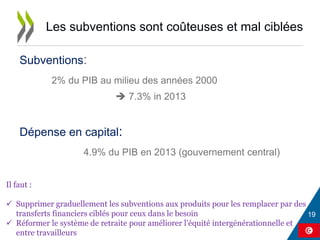 Subventions:
2% du PIB au milieu des années 2000
 7.3% in 2013
Dépense en capital:
4.9% du PIB en 2013 (gouvernement central)
Les subventions sont coûteuses et mal ciblées
Il faut :
 Supprimer graduellement les subventions aux produits pour les remplacer par des
transferts financiers ciblés pour ceux dans le besoin
 Réformer le système de retraite pour améliorer l’équité intergénérationnelle et
entre travailleurs
 