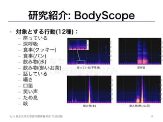 様々なセンサ技術を用いた
人間行動取得の試み	
研究紹介: BodyScope
•  対象とする行動(12種)：
–  座っている
–  深呼吸
–  食事(クッキー)
–  食事(パン)
–  飲み物(水)
–  飲み物(熱いお茶)
–  話している
–  囁き
–  口笛
–  笑い声
–  ため息
–  咳
8/26	
  東京大学大学院学際情報学府 口述試験	
 11	
座っている(平常時) 深呼吸
飲み物(水) 飲み物(熱いお茶)
 