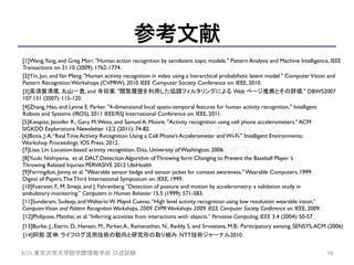 様々なセンサ技術を用いた
人間行動取得の試み	
参考文献
16	
8/26	
  東京大学大学院学際情報学府 口述試験	
[4]Zhang, Hao, and Lynne E. Parker. "4-dimensional local spatio-temporal features for human activity recognition." Intelligent
Robots and Systems (IROS), 2011 IEEE/RSJ International Conference on. IEEE, 2011.	
[3]高須賀清隆, 丸山一貴, and 寺田実. "閲覧履歴を利用した協調フィルタリングによる Web ページ推薦とその評価." DBWS2007
107.131 (2007): 115-120.	
[2]Yin, Jun, andYan Meng. "Human activity recognition in video using a hierarchical probabilistic latent model." ComputerVision and
Pattern Recognition Workshops (CVPRW), 2010 IEEE Computer Society Conference on. IEEE, 2010.	
[1]Wang,Yang, and Greg Mori. "Human action recognition by semilatent topic models." Pattern Analysis and Machine Intelligence, IEEE
Transactions on 31.10 (2009): 1762-1774.	
[5]Kwapisz, Jennifer R., Gary M.Weiss, and Samuel A. Moore. "Activity recognition using cell phone accelerometers." ACM
SIGKDD Explorations Newsletter 12.2 (2011): 74-82.	
[7]Liao, Lin. Location-based activity recognition. Diss. University of Washington, 2006.
[9]Farringdon, Jonny, et al. "Wearable sensor badge and sensor jacket for context awareness." Wearable Computers, 1999.
Digest of Papers.The Third International Symposium on. IEEE, 1999.
[10]Foerster, F., M. Smeja, and J. Fahrenberg.“Detection of posture and motion by accelerometry: a validation study in
ambulatory monitoring.” Computers in Human Behavior 15.5 (1999): 571-583.	
[11]Sundaram, Sudeep, and Walterio W. Mayol Cuevas.“High level activity recognition using low resolution wearable vision.”
ComputerVision and Pattern RecognitionWorkshops, 2009. CVPRWorkshops 2009. IEEE Computer Society Conference on. IEEE, 2009.	
[12]Philipose, Matthai, et al.“Inferring activities from interactions with objects.” Pervasive Computing, IEEE 3.4 (2004): 50-57.	
[8]Yuuki Nishiyama，et al. DALT:Detection Algorithm of Throwing form Changing to Prevent the Baseball Player ’s
Throwing Related Injuries PERVASIVE 2012 UbiHealth 	

[6]Botía, J.A.“Real Time Activity Recognition Using a Cell Phone’s Accelerometer and Wi-Fi.” Intelligent Environments;
Workshop Proceedings. IOS Press, 2012.	
[13]Burke, J., Estrin, D., Hansen, M., Parker,A., Ramanathan, N., Reddy, S. and Srivastava, M.B.: Participatory sensing, SENSYS,ACM (2006) 	

	
[14]阿部 匡伸. ライフログ活用技術の動向と研究所の取り組み. NTT技術ジャーナル2010	
 