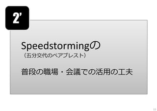 2’
 Speedstormingの
 （五分交代のペアブレスト）


 普段の職場・会議での活⽤の⼯夫



                   11
 
