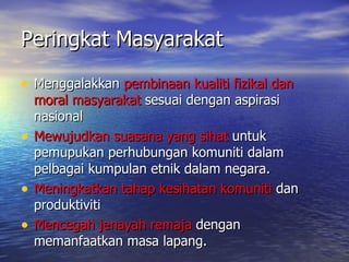 Peringkat Masyarakat Menggalakkan  pembinaan kualiti fizikal dan moral masyarakat  sesuai dengan aspirasi nasional Mewujudkan suasana yang sihat  untuk pemupukan perhubungan komuniti dalam pelbagai kumpulan etnik dalam negara. Meningkatkan tahap kesihatan komuniti  dan produktiviti Mencegah jenayah remaja  dengan memanfaatkan masa lapang. 