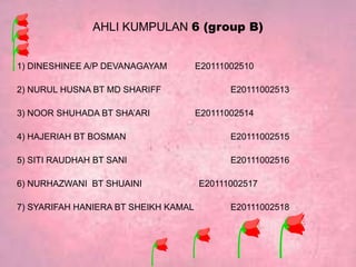 AHLI KUMPULAN 6 (group B)
1) DINESHINEE A/P DEVANAGAYAM E20111002510
2) NURUL HUSNA BT MD SHARIFF E20111002513
3) NOOR SHUHADA BT SHA’ARI E20111002514
4) HAJERIAH BT BOSMAN E20111002515
5) SITI RAUDHAH BT SANI E20111002516
6) NURHAZWANI BT SHUAINI E20111002517
7) SYARIFAH HANIERA BT SHEIKH KAMAL E20111002518
 