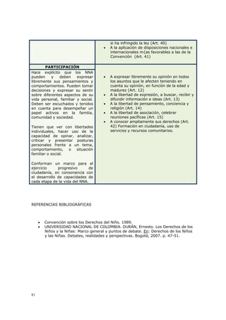 si ha infringido la ley (Art. 40)
                                       •   A la aplicación de disposiciones nacionales e
                                           internacionales m{as favorables a las de la
                                           Convención (Art. 41)

       PARTICIPACIÓN
Hace explícito que los NNA
pueden    y    deben    expresar       •   A expresar libremente su opinión en todos
libremente sus pensamientos y              los asuntos que le afecten teniendo en
comportamientos. Pueden tomar              cuenta su opinión, en función de la edad y
decisiones y expresar su sentir            madurez (Art. 12)
sobre diferentes aspectos de su        •   A la libertad de expresión, a buscar, recibir y
vida personal, familiar y social.          difundir información e ideas (Art. 13)
Deben ser escuchados y tenidos         •   A la libertad de pensamiento, conciencia y
en cuenta para desempeñar un               religión (Art. 14)
papel activos en la familia,           •   A la libertad de asociación, celebrar
comunidad y sociedad.                      reuniones pacíficas (Art. 15)
                                       •   A conocer ampliamente sus derechos (Art.
Tienen que ver con libertades              42) Formación en ciudadanía, uso de
individuales, hacer uso de la              servicios y recursos comunitarios.
capacidad de opinar, analizar,
criticar y presentar posturas
personales frente a un tema,
comportamiento,    o  situación
familiar o social.

Conforman un marco para el
ejercicio     progresivo      de
ciudadanía, en consonancia con
el desarrollo de capacidades de
cada etapa de la vida del NNA.
 



REFERENCIAS BIBLIOGRÁFICAS



     •   Convención sobre los Derechos del Niño. 1989.
     •   UNIVERSIDAD NACIONAL DE COLOMBIA. DURÁN, Ernesto. Los Derechos de los
         Niños y la Niñas: Marco general y puntos de debate. En: Derechos de los Niños
         y las Niñas. Debates, realidades y perspectivas. Bogotá, 2007. p. 47-51.




81
 