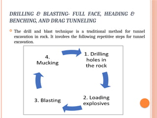 DRILLING & BLASTING- FULL FACE, HEADING &
BENCHING, AND DRAG TUNNELING
 The drill and blast technique is a traditional method for tunnel
excavation in rock. It involves the following repetitive steps for tunnel
excavation.
 