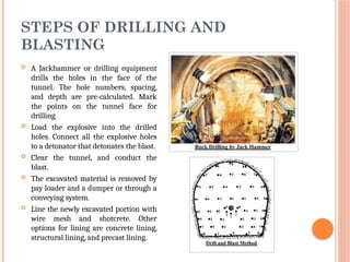 STEPS OF DRILLING AND
BLASTING
 A Jackhammer or drilling equipment
drills the holes in the face of the
tunnel. The hole numbers, spacing,
and depth are pre-calculated. Mark
the points on the tunnel face for
drilling.
 Load the explosive into the drilled
holes. Connect all the explosive holes
to a detonator that detonates the blast.
 Clear the tunnel, and conduct the
blast.
 The excavated material is removed by
pay loader and a dumper or through a
conveying system.
 Line the newly excavated portion with
wire mesh and shotcrete. Other
options for lining are concrete lining,
structural lining, and precast lining.
 