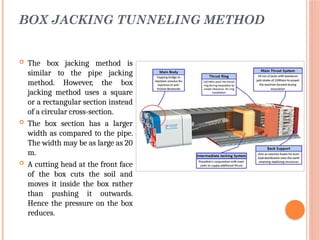 BOX JACKING TUNNELING METHOD
 The box jacking method is
similar to the pipe jacking
method. However, the box
jacking method uses a square
or a rectangular section instead
of a circular cross-section.
 The box section has a larger
width as compared to the pipe.
The width may be as large as 20
m.
 A cutting head at the front face
of the box cuts the soil and
moves it inside the box rather
than pushing it outwards.
Hence the pressure on the box
reduces.
 