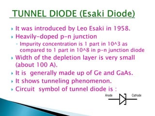  It was introduced by Leo Esaki in 1958.
 Heavily-doped p-n junction
◦ Impurity concentration is 1 part in 10^3 as
compared to 1 part in 10^8 in p-n junction diode
 Width of the depletion layer is very small
(about 100 A).
 It is generally made up of Ge and GaAs.
 It shows tunneling phenomenon.
 Circuit symbol of tunnel diode is :
EV
 