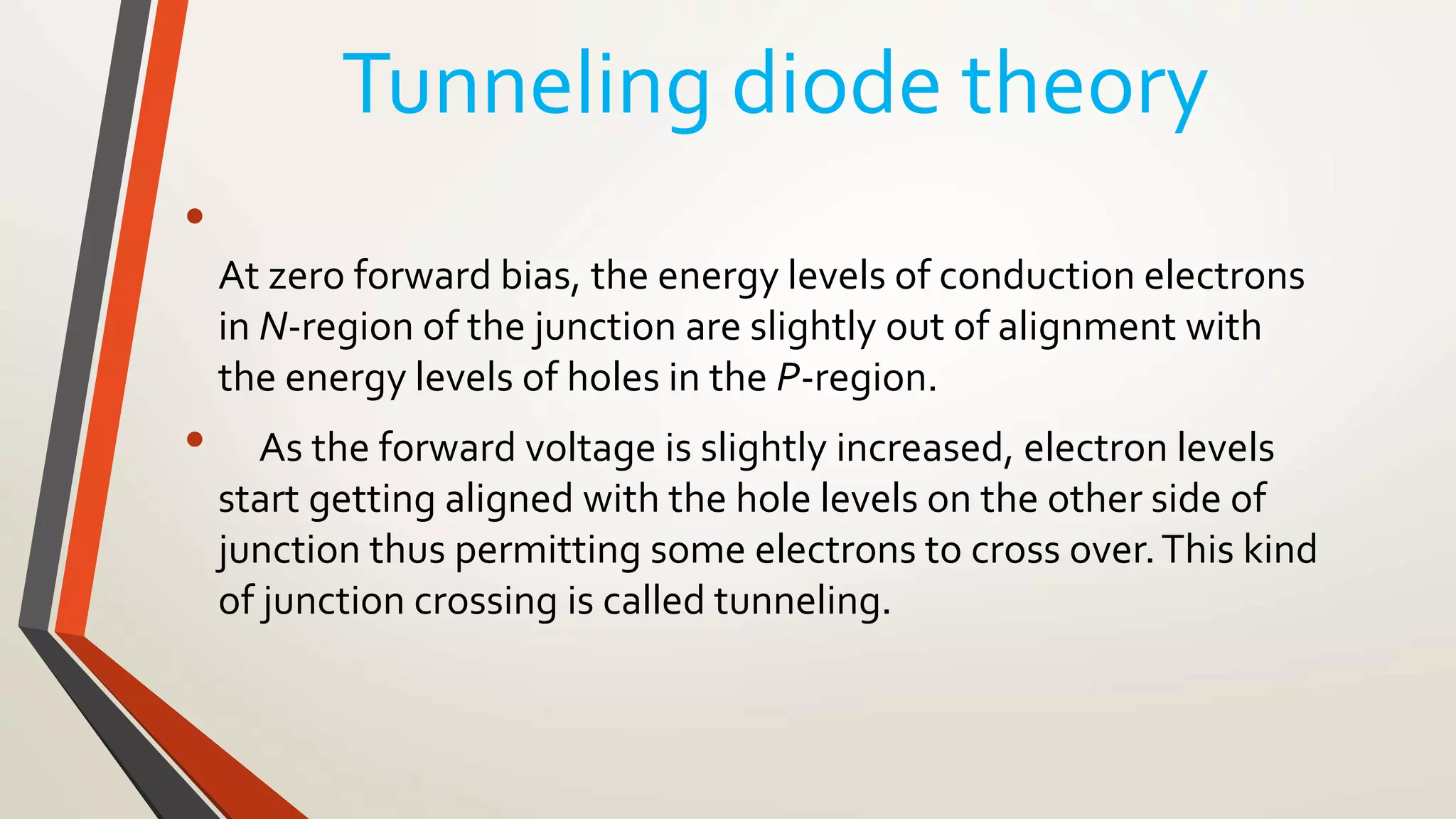 Tunneling diode theory
•
At zero forward bias, the energy levels of conduction electrons
in N-region of the junction are slightly out of alignment with
the energy levels of holes in the P-region.
• As the forward voltage is slightly increased, electron levels
start getting aligned with the hole levels on the other side of
junction thus permitting some electrons to cross over.This kind
of junction crossing is called tunneling.
 