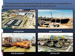 Tunnel elements are constructed in the dry, for example in a casting basin, aTunnel elements are constructed in the dry, for example in a casting basin, a
fabrication yard, on a ship-lift platform or in a factory unit.fabrication yard, on a ship-lift platform or in a factory unit.
casting basin fabrication yard
ship-lift platform factory unit
 