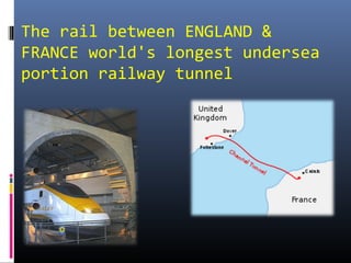 The rail between ENGLAND &
FRANCE world's longest undersea
portion railway tunnel
 