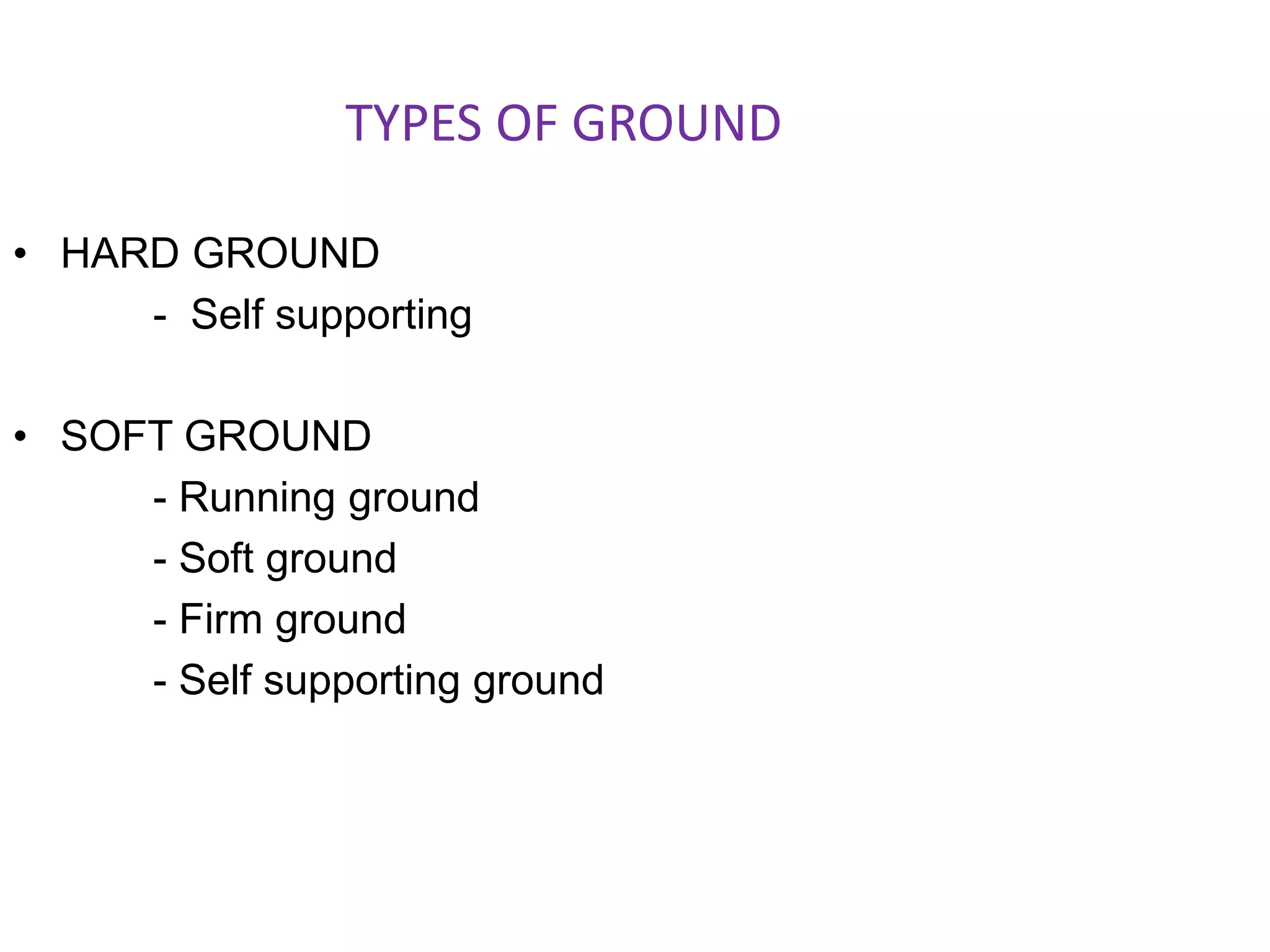 TYPES OF GROUND
• HARD GROUND
- Self supporting
• SOFT GROUND
- Running ground
- Soft ground
- Firm ground
- Self supporting ground
 
