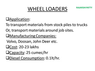 WHEEL LOADERS
Application:
To transport materials from stock piles to trucks
Or, transport materials around job sites.
ManufacturingCompanies:
Volvo, Doosan, John Deer etc.
Cost: 20-23 lakhs
Capacity: 25 cumec/hr
Diesel Consumption:0.1lt/hr.
RAJARSHIPATTY
 