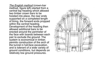 The English method (crown-bar
method, figure left) started from a
central top heading which allowed
two timber crown bars to be
hoisted into place, the rear ends
supported on a completed length
of lining, the forward ends propped
within the central heading.
Development of the heading then
allowed additional bars to be
erected around the perimeter of
the face with boards between each
pair to exclude the ground. The
system is economical in timber,
permits construction of the arch of
the tunnel in full-face excavation,
and is tolerant of a wide variety of
ground conditions, but depends on
relatively low ground pressures.
 