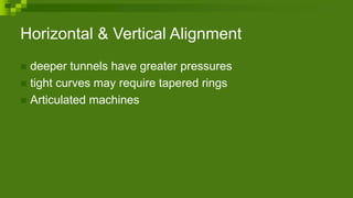 Horizontal & Vertical Alignment
 deeper tunnels have greater pressures
 tight curves may require tapered rings
 Articulated machines
 