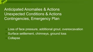 Anticipated Anomalies & Actions
Unexpected Conditions & Actions
Contingencies, Emergency Plan
 Loss of face pressure, additional grout, overexcavation
 Surface settlement, chimneys, ground loss
 Collapse
 