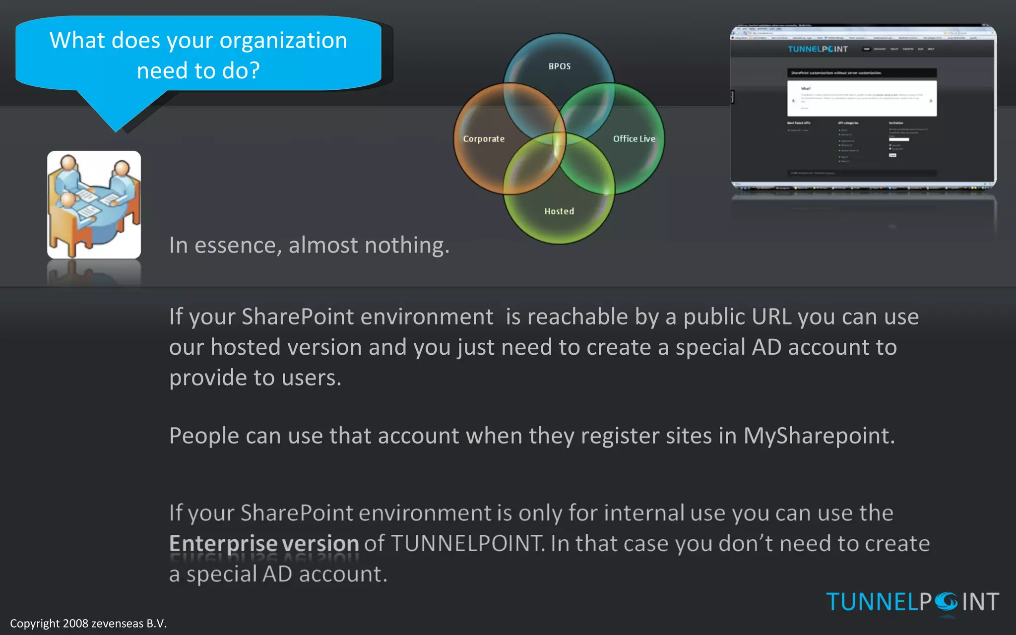 What does your organization need to do? In essence, almost nothing. If your SharePoint environment  is reachable by a public URL you can use our hosted version and you just need to create a special AD account to provide to users. People can use that account when they register sites in MySharepoint. 