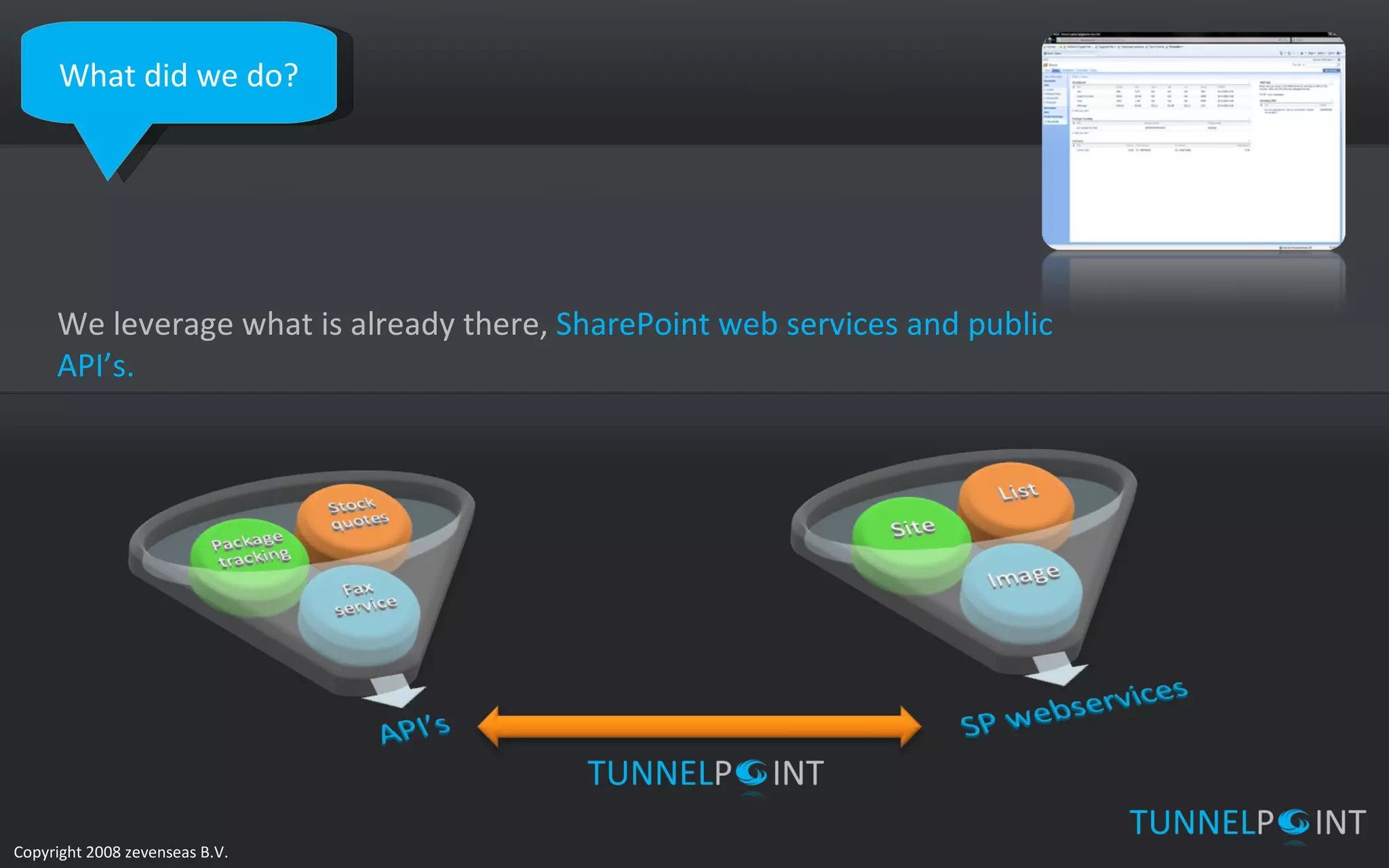 What did we do? We leverage what is already there,  SharePoint web services and public API’s.  