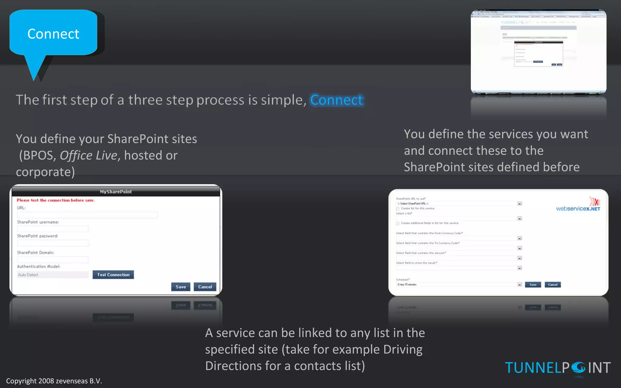 Connect You define your SharePoint sites (BPOS,  Office Live , hosted or corporate) You define the services you want and connect these to the SharePoint sites defined before A service can be linked to any list in the specified site (take for example Driving Directions for a contacts list) 