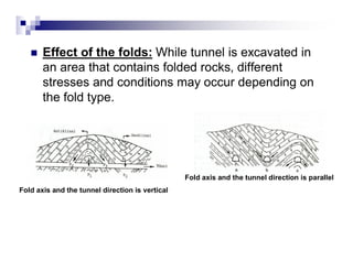 „ Effect of the folds: While tunnel is excavated in 
an area that contains folded rocks, different 
stresses and conditions may occur depending on 
the fold type. 
Fold axis and the tunnel direction is vertical 
Fold axis and the tunnel direction is parallel 
 